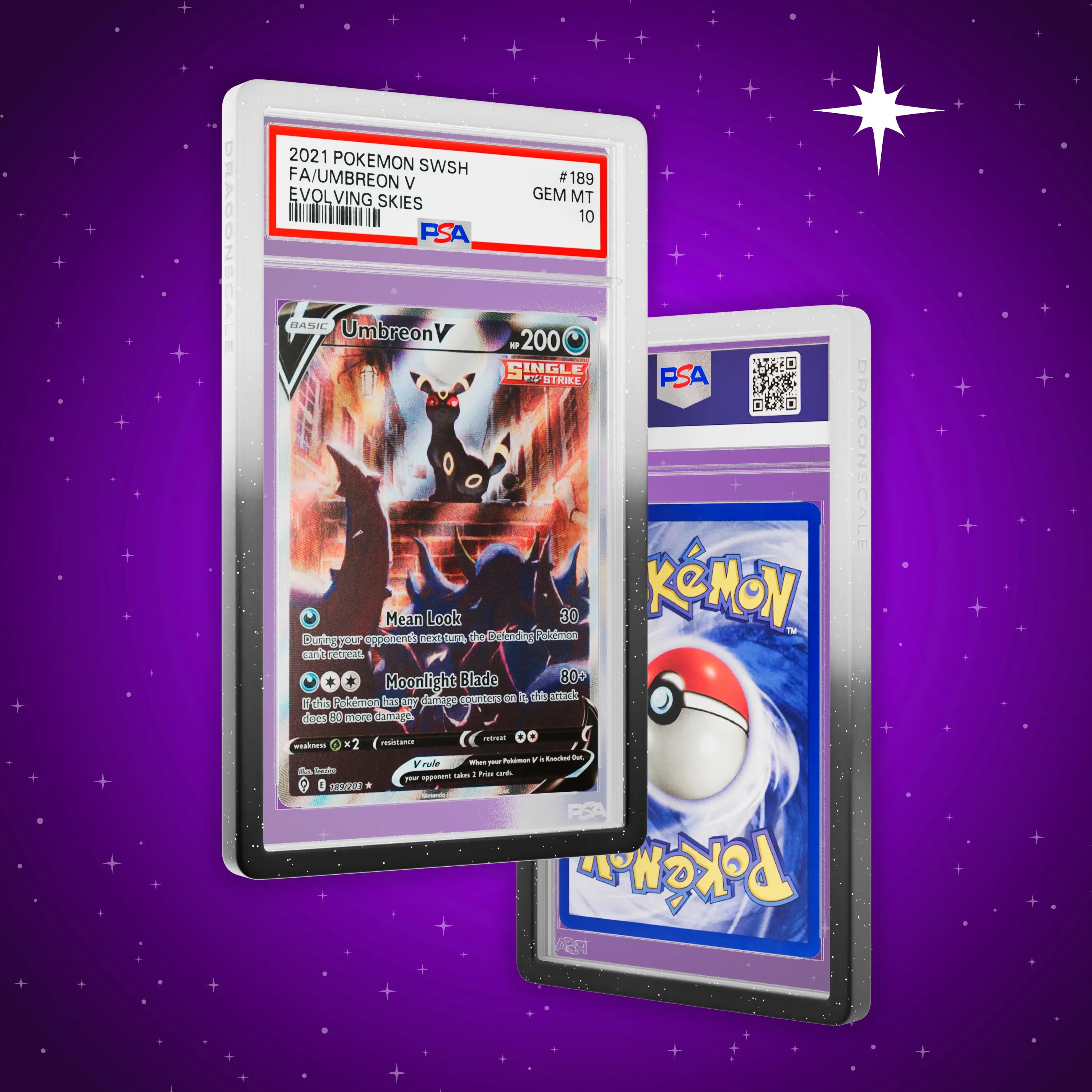 Front and back view of a PSA slab in Radiant Twilight Dragonscale bumper guard, featuring a Umbreon V Evolving Skies PSA 10 Pokemon card.