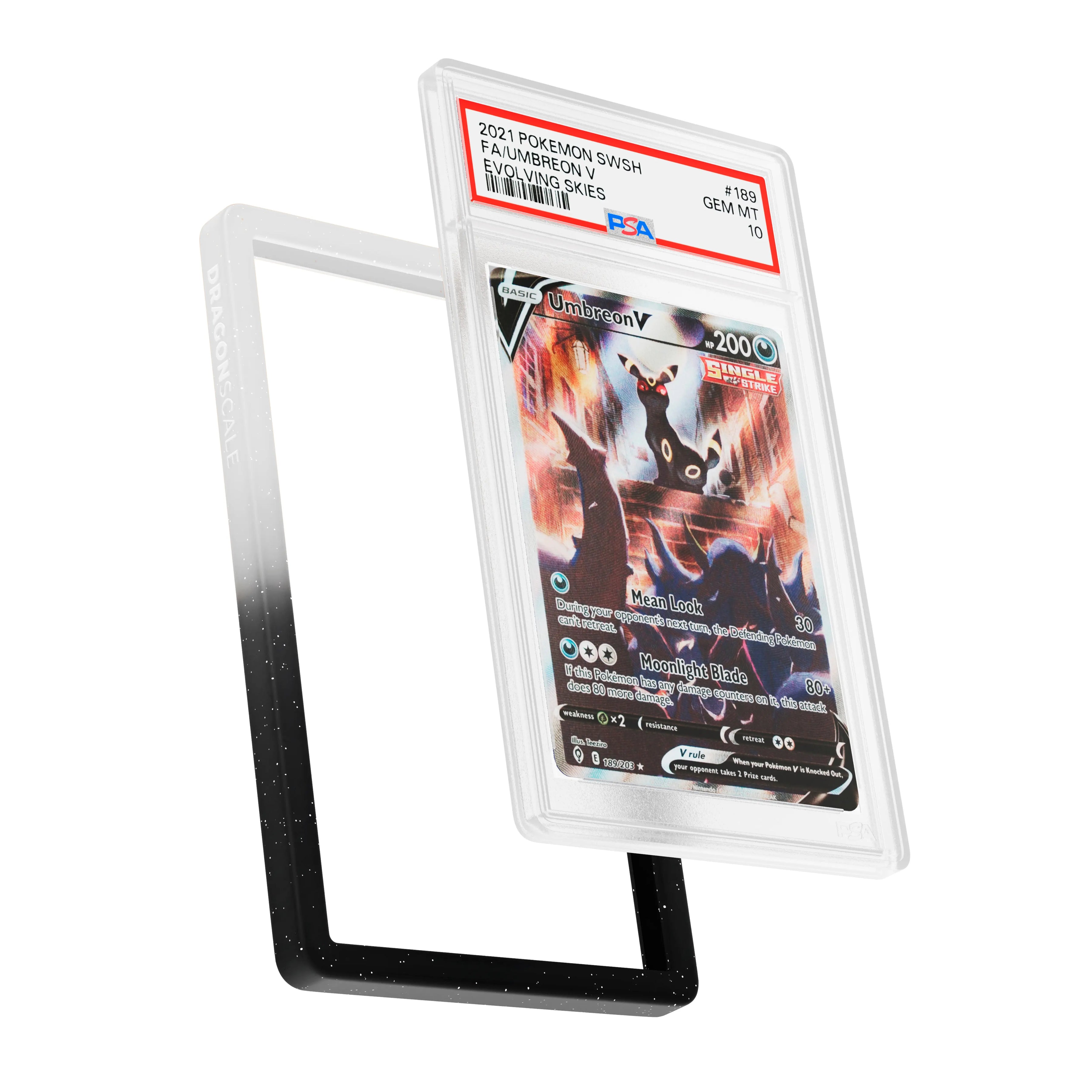 Display and demo view of a PSA slab in Radiant Twilight Dragonscale bumper guard, featuring a Umbreon V Evolving Skies PSA 10 Pokemon card.