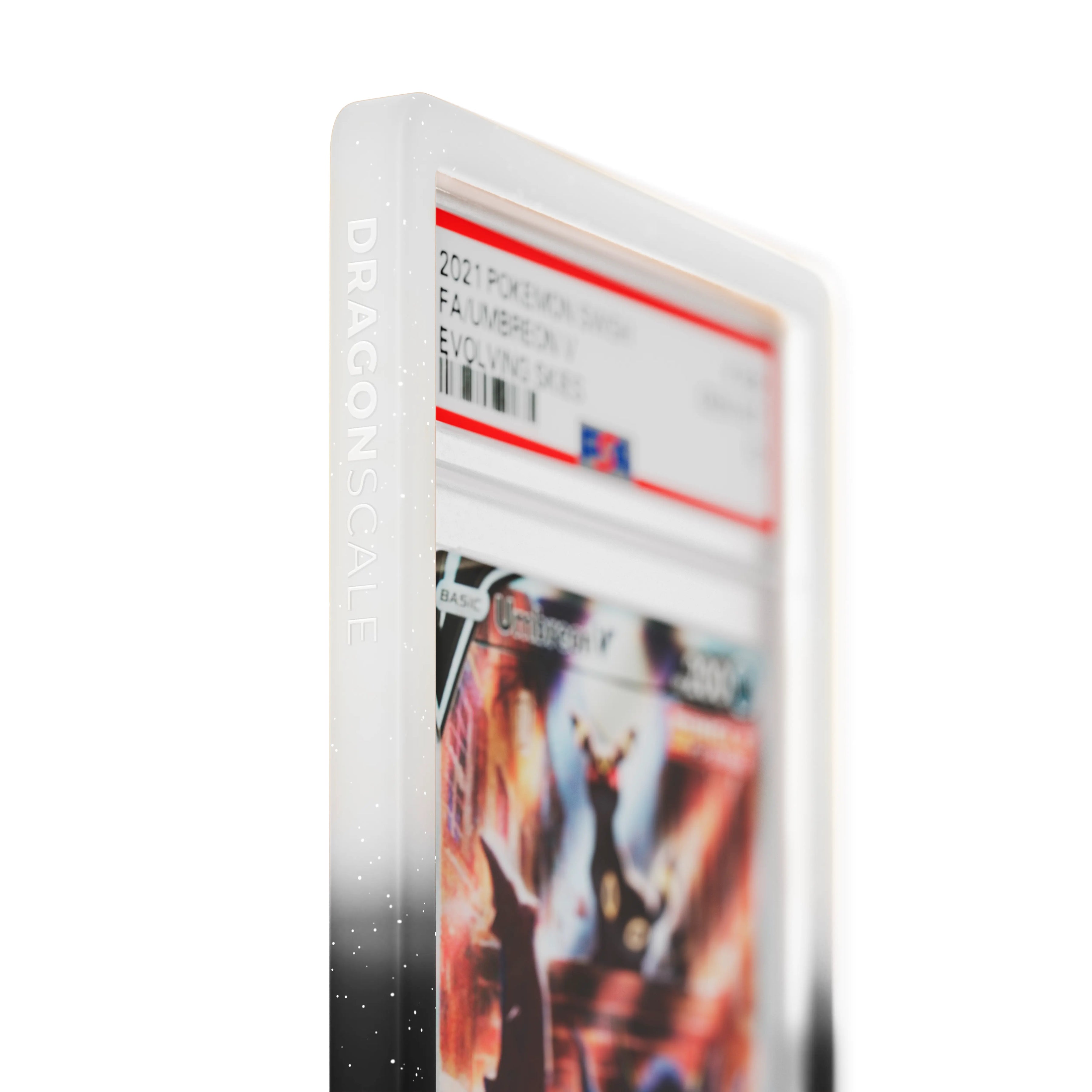 Close up logo zoom view of a PSA slab in Radiant Twilight Dragonscale bumper guard, featuring a Umbreon V Evolving Skies PSA 10 Pokemon card.