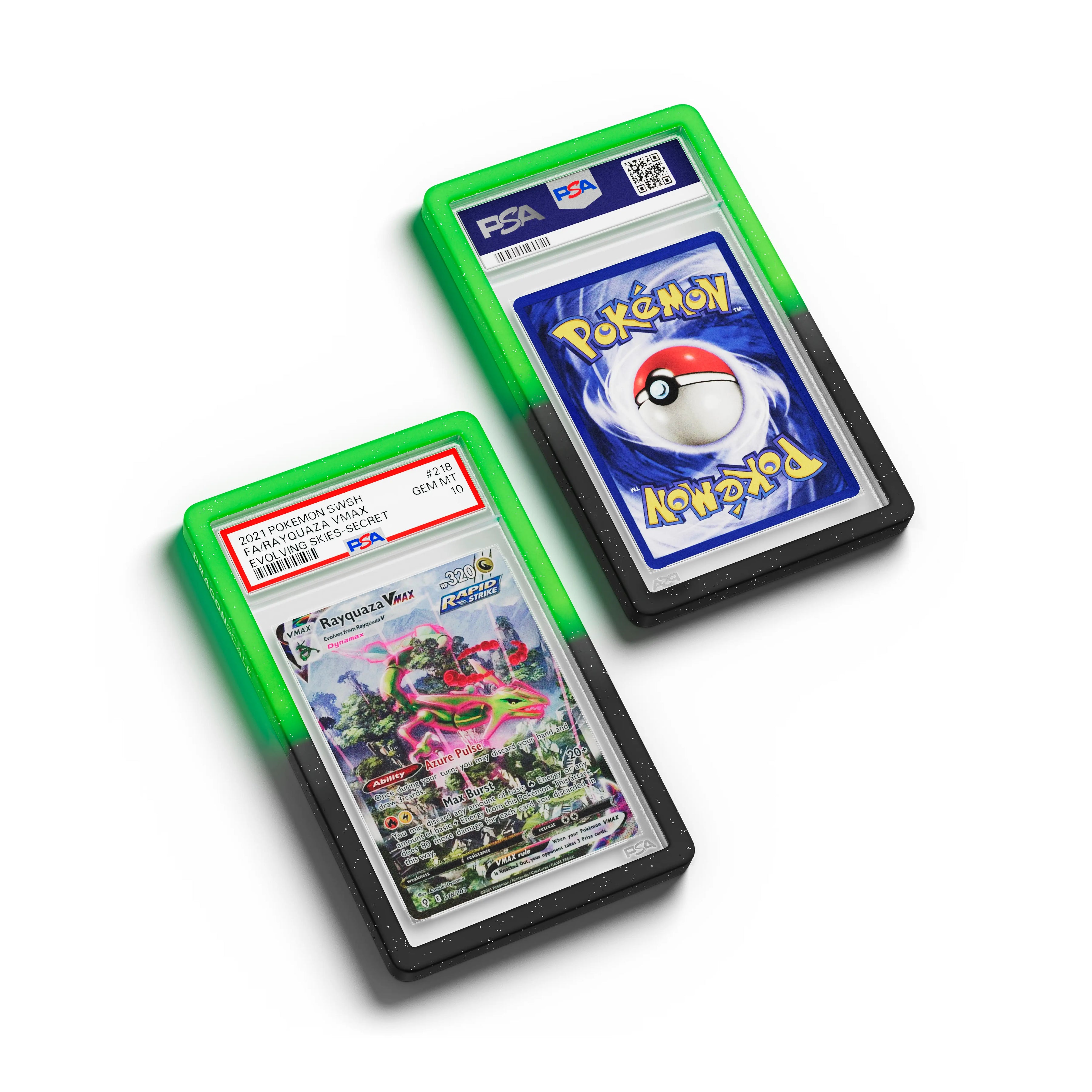 Top-down flat view of a PSA slab in Radiant Venom Dragonscale bumper guard, featuring a Rayquaza VMAX Evolving Skies PSA 10 Pokemon card.
