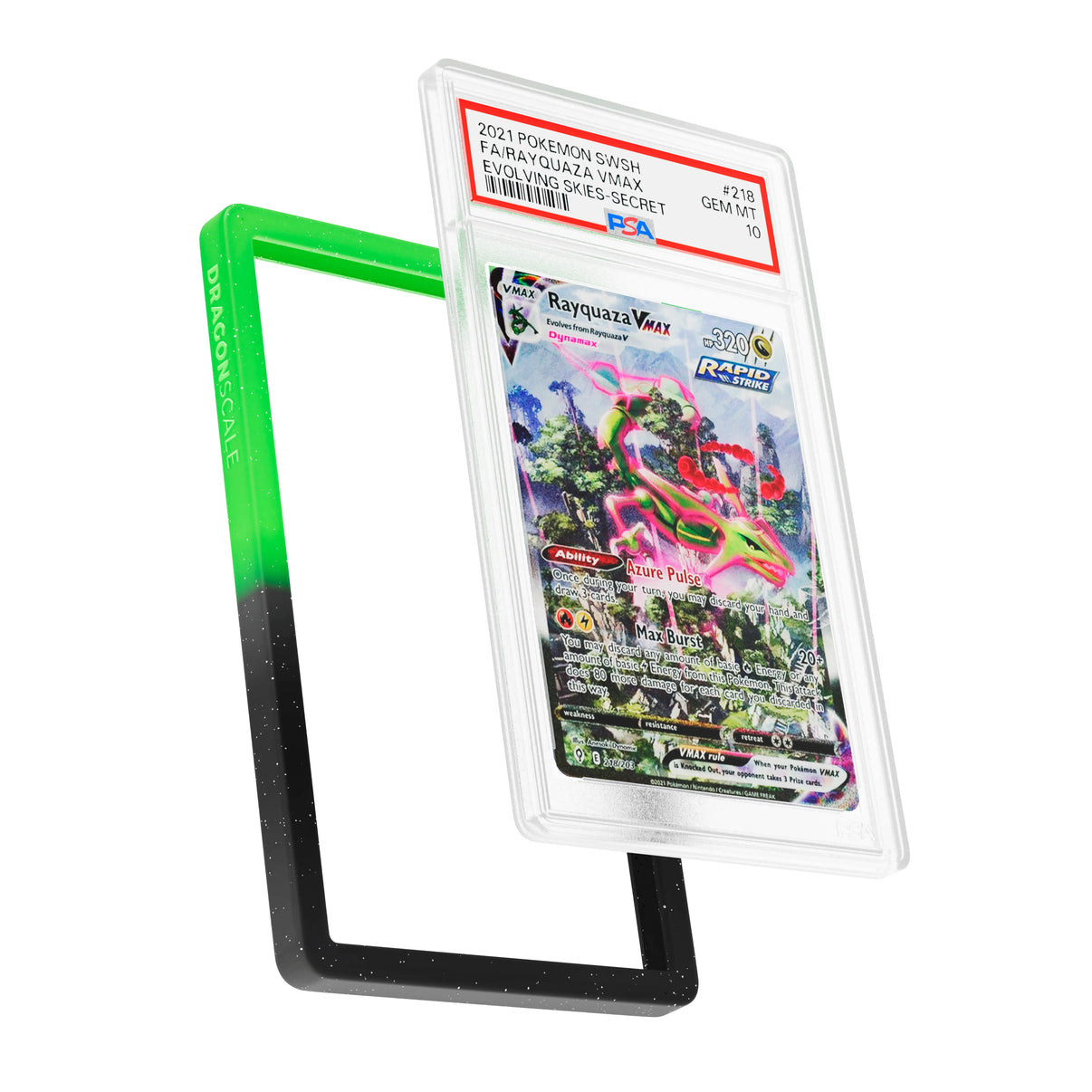 Display and demo view of a PSA slab in Radiant Venom Dragonscale bumper guard, featuring a Rayquaza VMAX Evolving Skies PSA 10 Pokemon card.