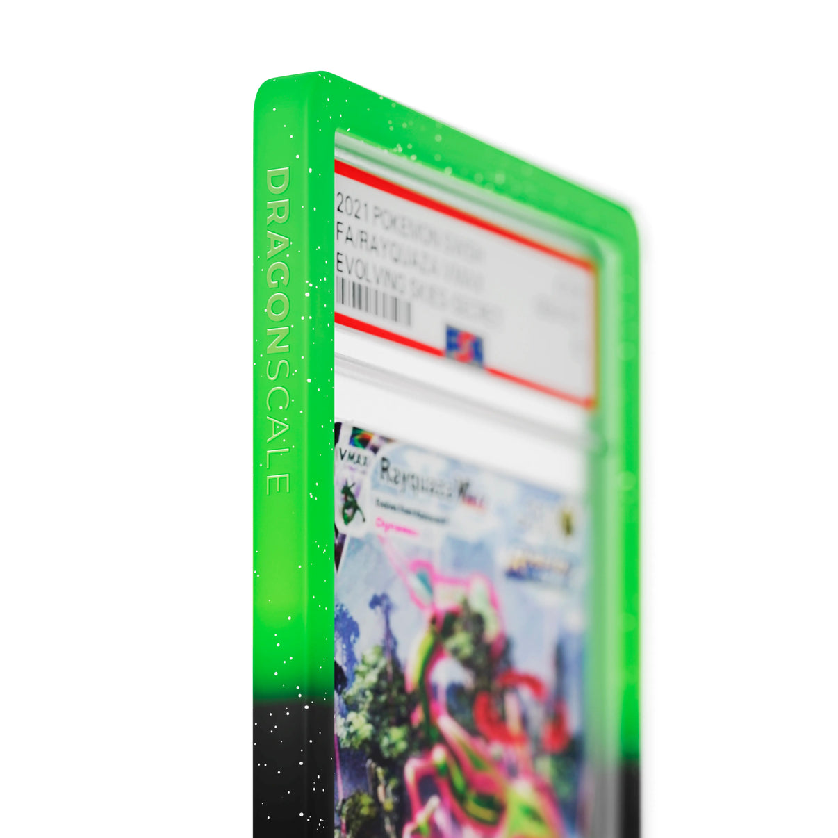 Close up logo zoom view of a PSA slab in Radiant Venom Dragonscale bumper guard, featuring a Rayquaza VMAX Evolving Skies PSA 10 Pokemon card.