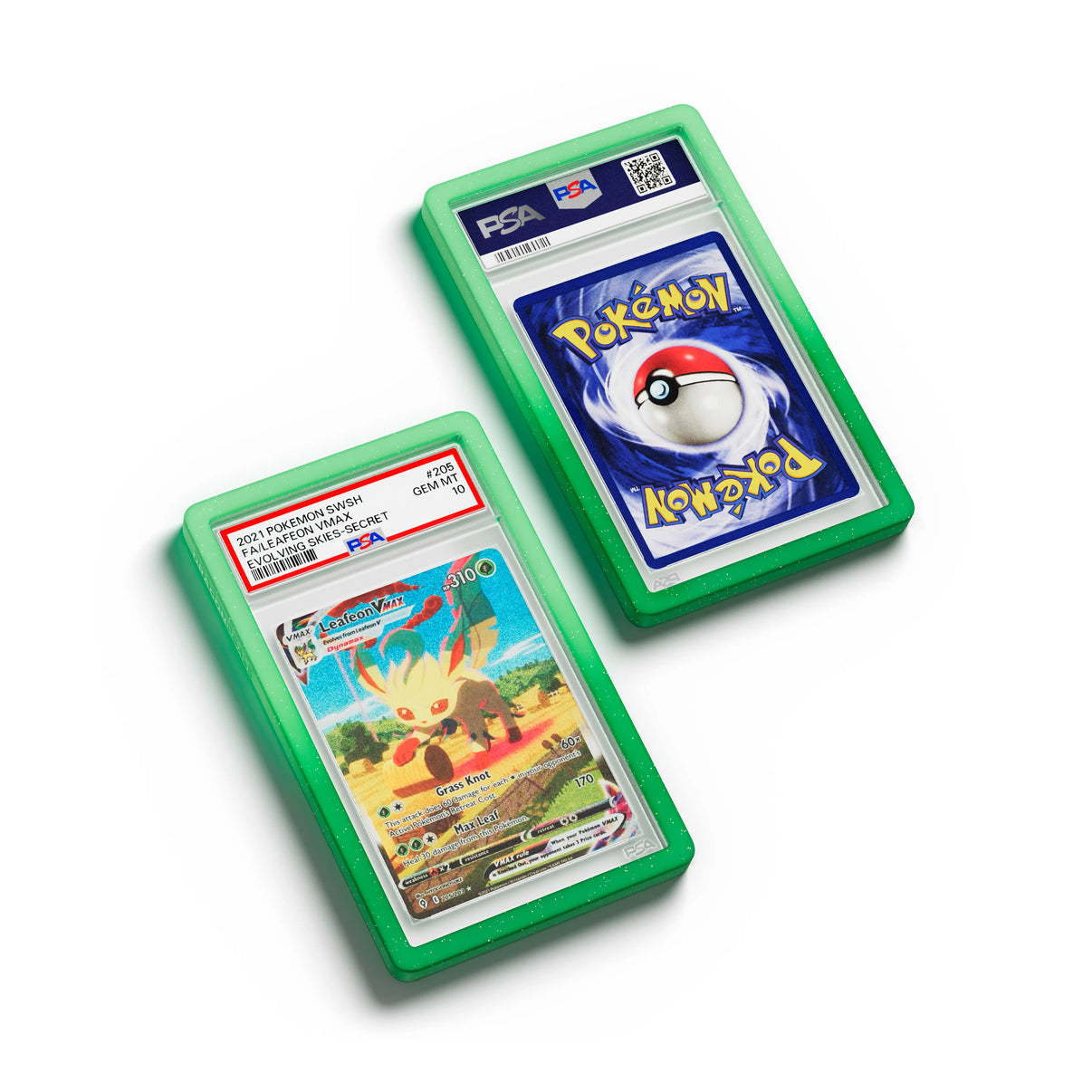 Top-down flat view of a PSA slab in Radiant Verdant Dragonscale bumper guard, featuring a Leafeon VMAX Evolving Skies PSA 10 Pokemon card.