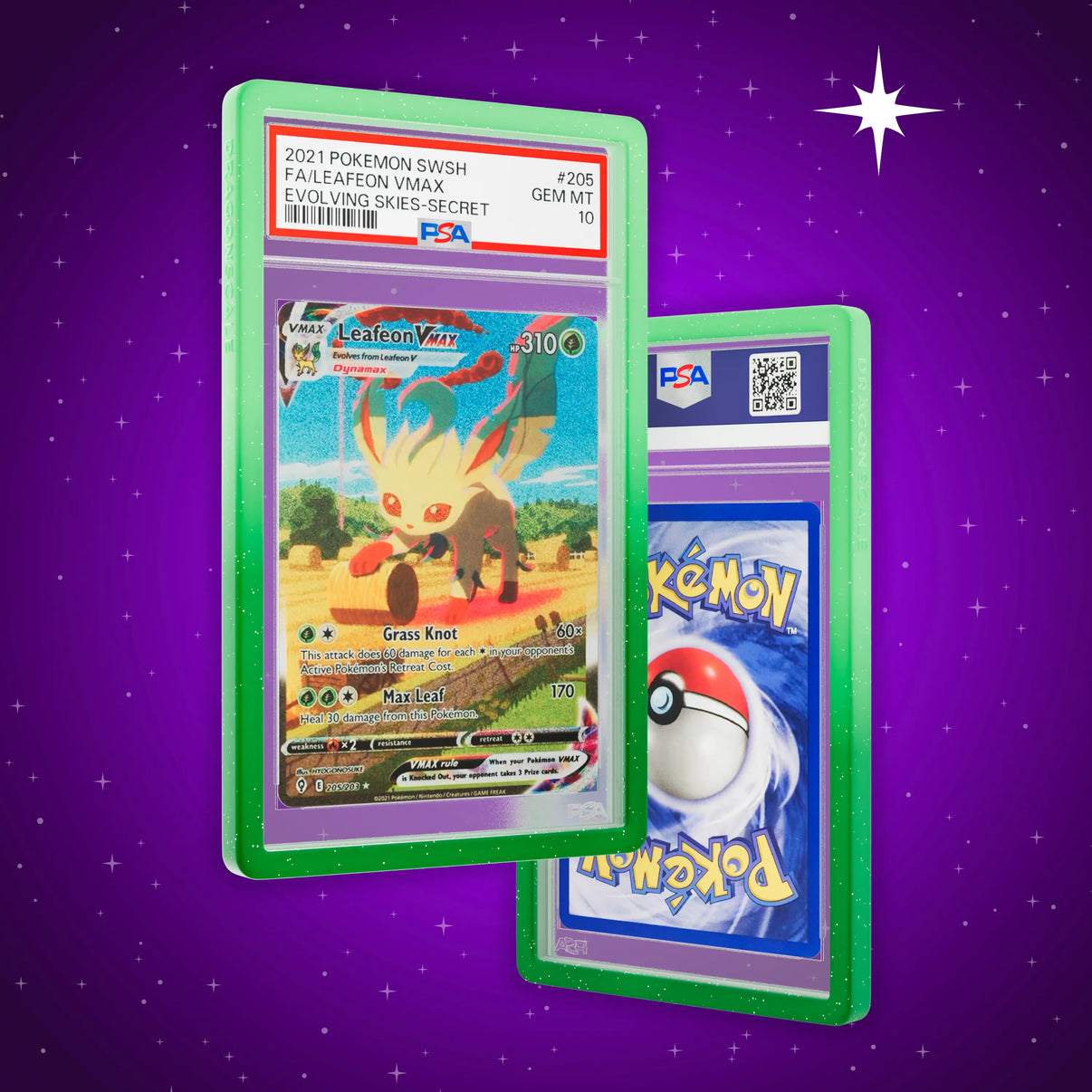 Front and back view of a PSA slab in Radiant Verdant Dragonscale bumper guard, featuring a Leafeon VMAX Evolving Skies PSA 10 Pokemon card.