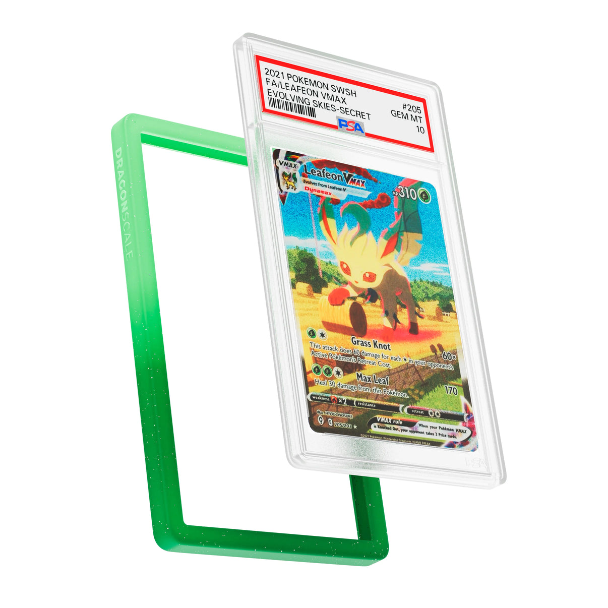 Display and demo view of a PSA slab in Radiant Verdant Dragonscale bumper guard, featuring a Leafeon VMAX Evolving Skies PSA 10 Pokemon card.