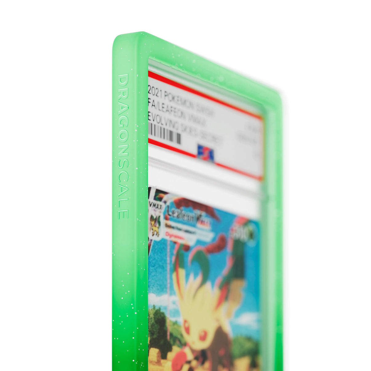 Close up logo zoom view of a PSA slab in Radiant Verdant Dragonscale bumper guard, featuring a Leafeon VMAX Evolving Skies PSA 10 Pokemon card.