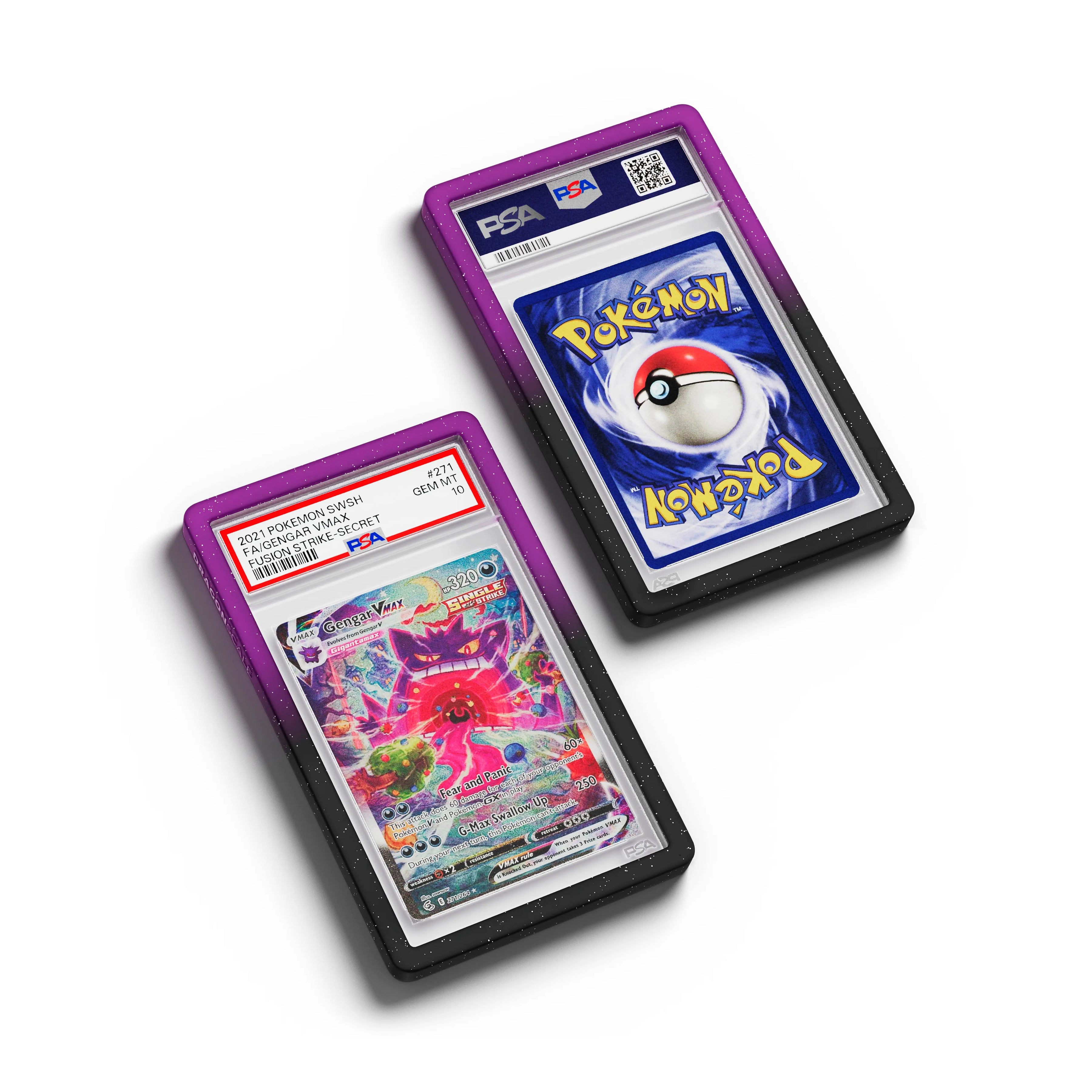 Top-down flat view of a PSA slab in Radiant Void Dragonscale bumper guard, featuring a Gengar VMAX Fusion Strike PSA 10 Pokemon card.