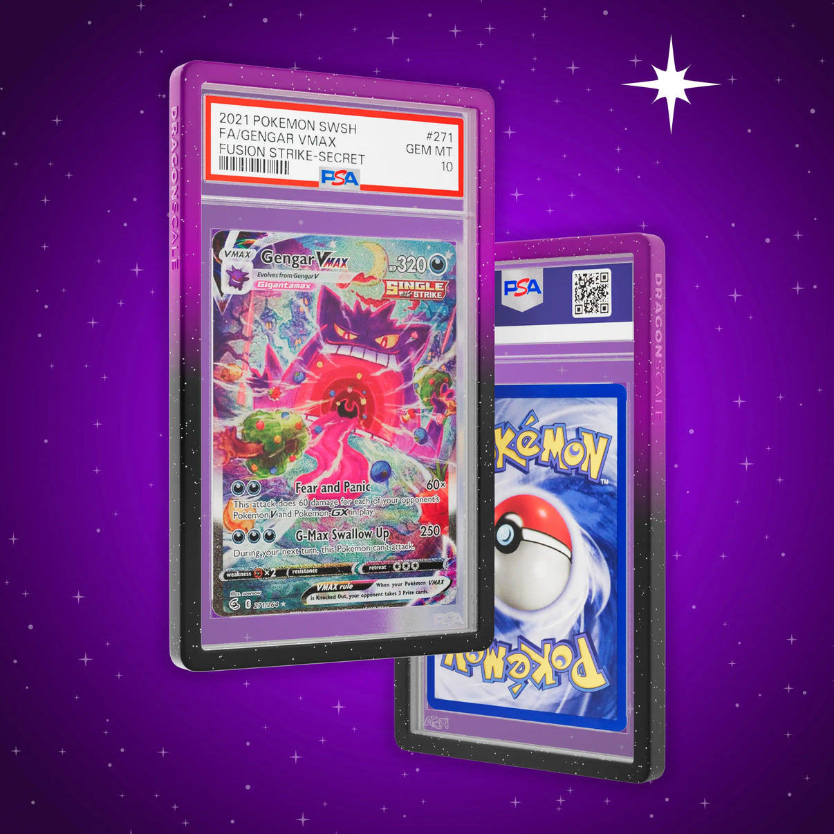 Front and back view of a PSA slab in Radiant Void Dragonscale bumper guard, featuring a Gengar VMAX Fusion Strike PSA 10 Pokemon card.