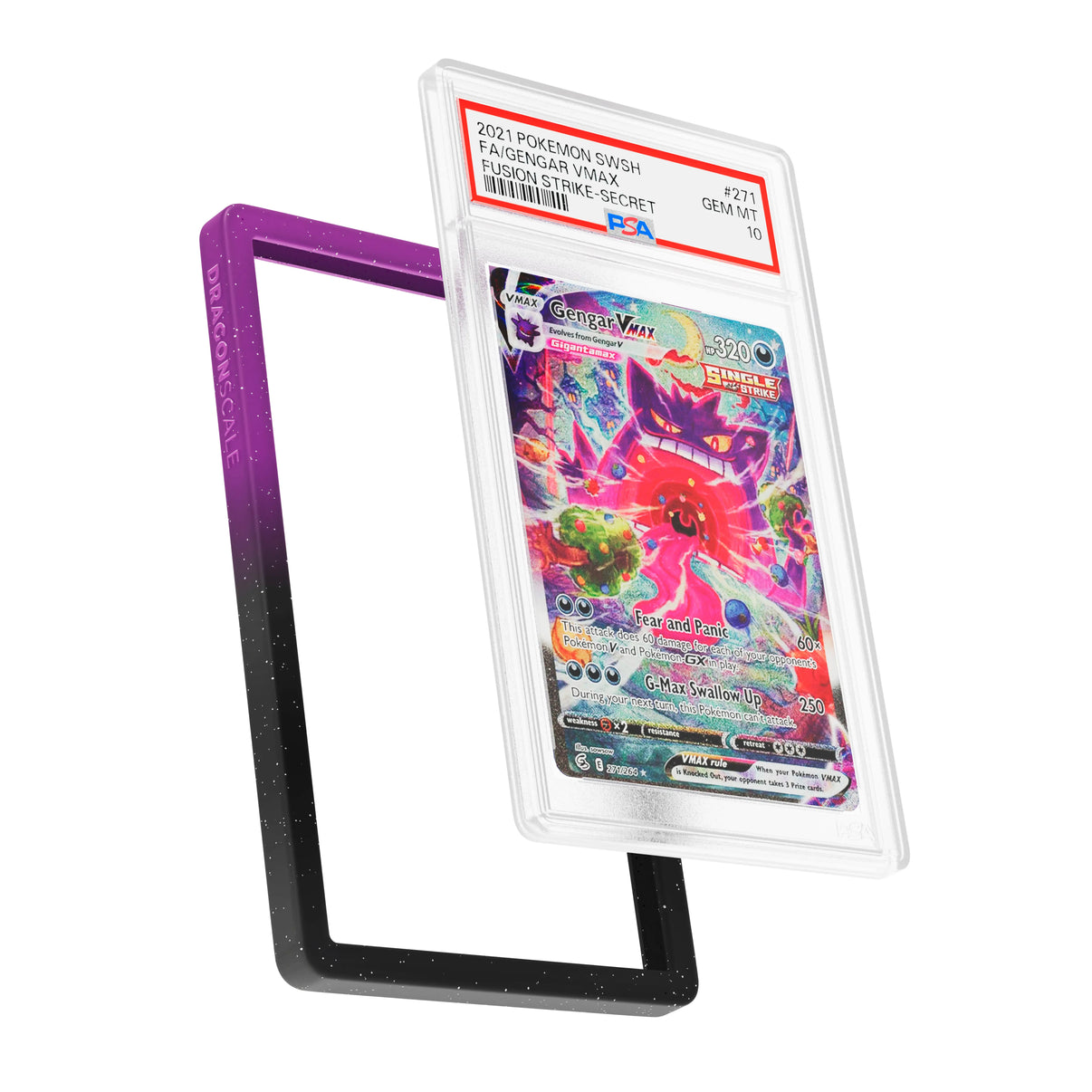 Display and demo view of a PSA slab in Radiant Void Dragonscale bumper guard, featuring a Gengar VMAX Fusion Strike PSA 10 Pokemon card.
