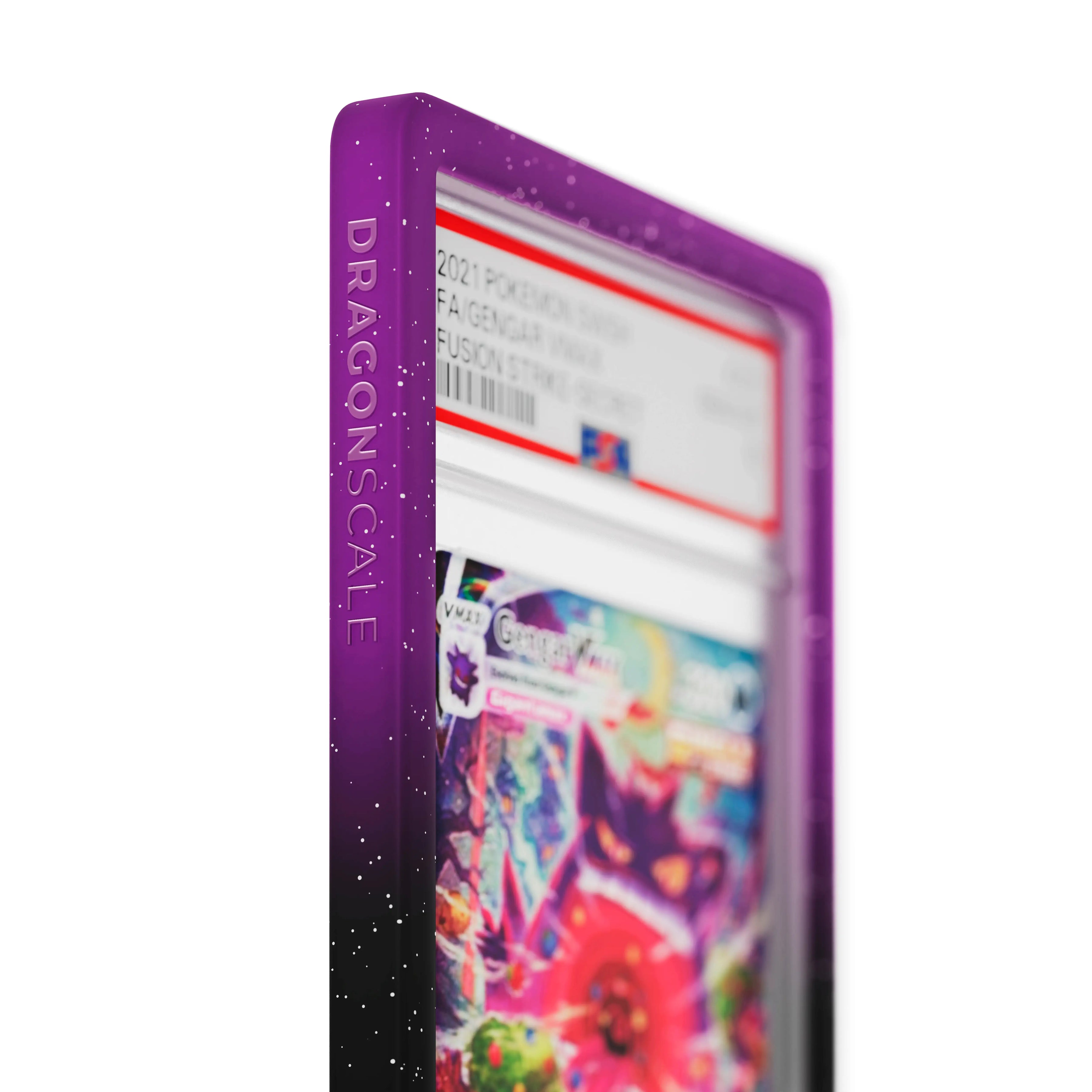 Close up logo zoom view of a PSA slab in Radiant Void Dragonscale bumper guard, featuring a Gengar VMAX Fusion Strike PSA 10 Pokemon card.