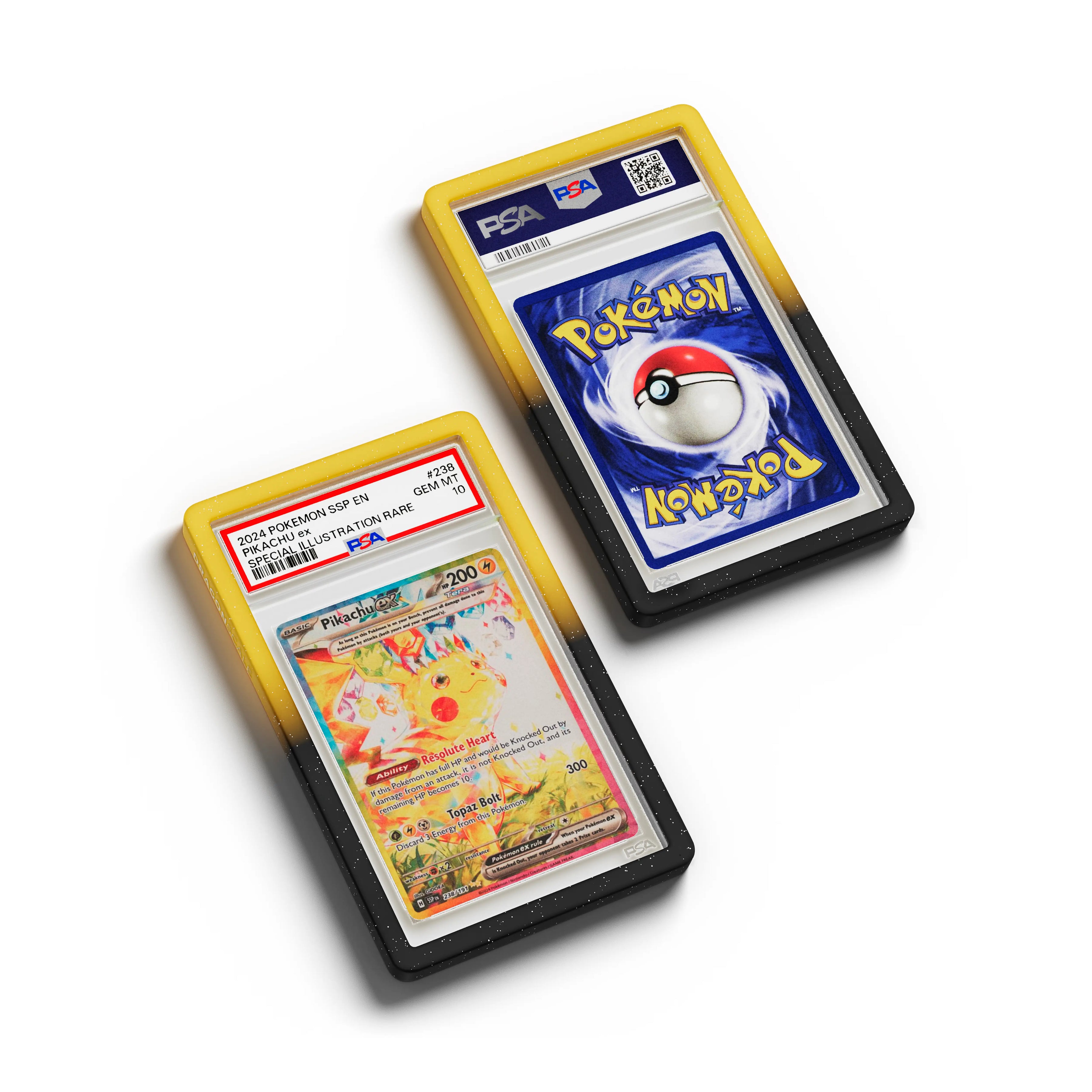 Top-down flat view of a PSA slab in Radiant Voltage Dragonscale bumper guard, featuring a Pikachu Ex Surging Sparks PSA 10 Pokemon card.