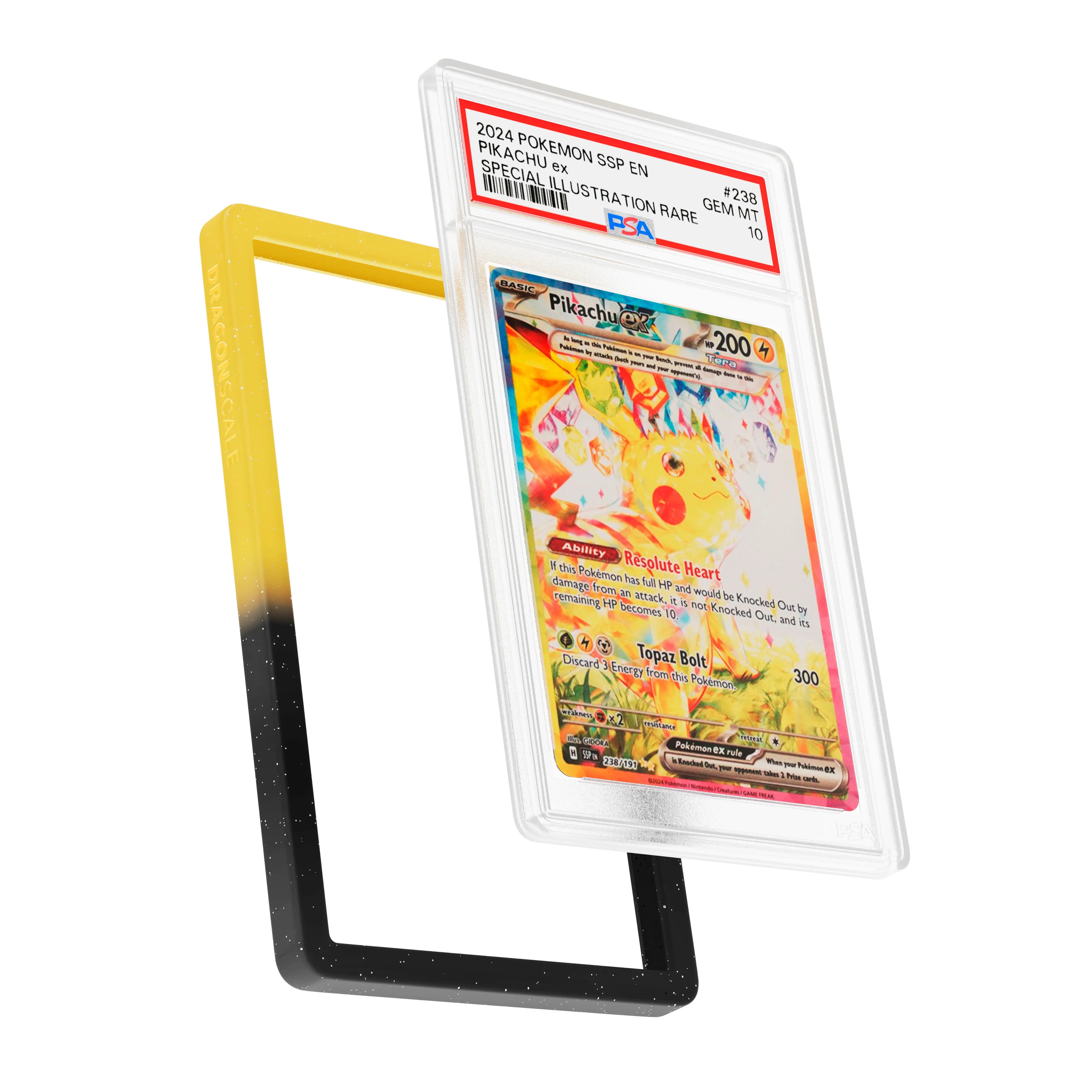 Display and demo view of a PSA slab in Radiant Voltage Dragonscale bumper guard, featuring a Pikachu Ex Surging Sparks PSA 10 Pokemon card.
