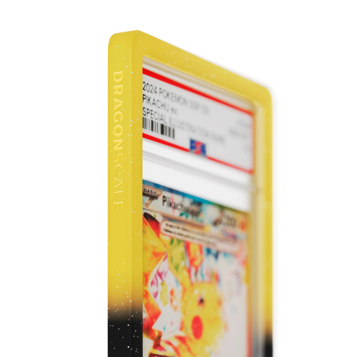 Close up logo zoom view of a PSA slab in Radiant Voltage Dragonscale bumper guard, featuring a Pikachu Ex Surging Sparks PSA 10 Pokemon card.