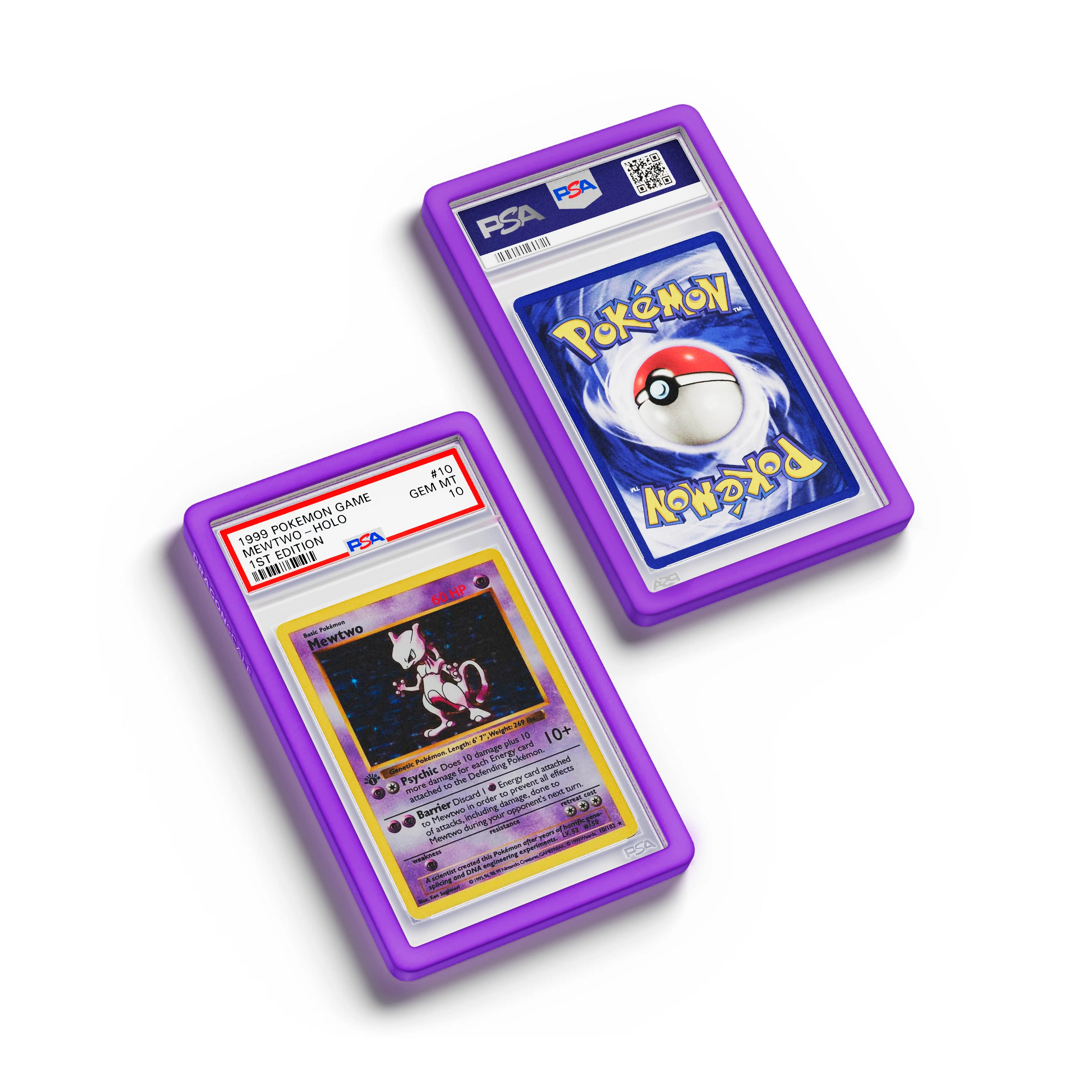 Top-down flat view of a PSA slab in Solid Purple Dragonscale bumper guard, featuring a Mewtwo 1st Edition Base Set PSA 10 Pokemon card.