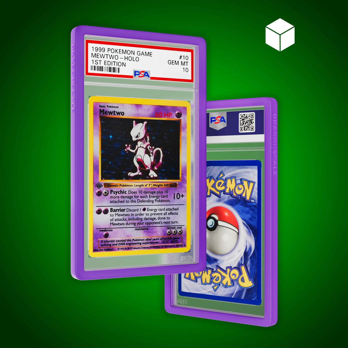 Front and back view of a PSA slab in Solid Purple Dragonscale bumper guard, featuring a Mewtwo 1st Edition Base Set PSA 10 Pokemon card.