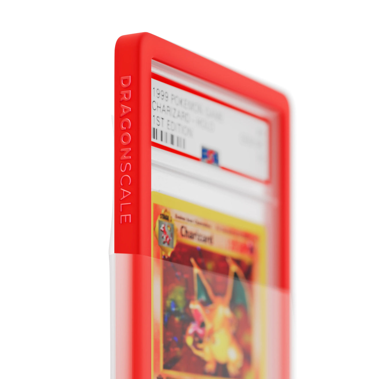 Close-up of a 1st Edition Base Set Charizard PSA 10 slab with red Dragonscale bumper being inserted into a clear Dragonscale PSA Guard (GPSA) slab sleeve protector.