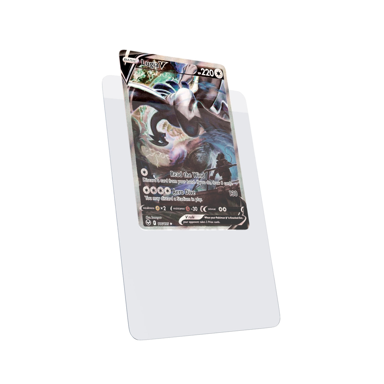 Display and demo view of a card in Dragonscale Card Savers, featuring a Lugia V Silver Tempest Pokemon card.