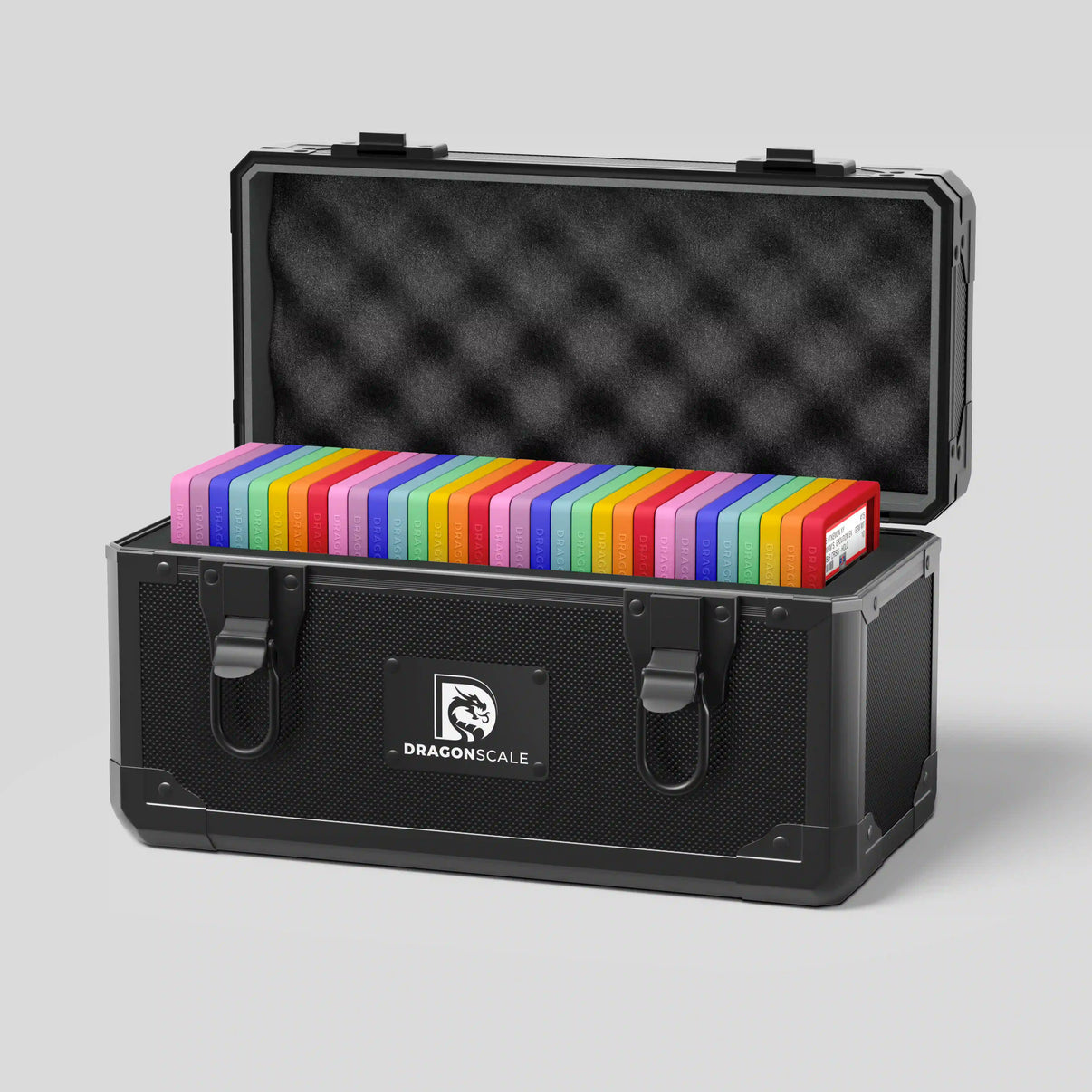 Open view of the Dragonscale XC-Titan metal slab case in carbon black holding 32 slabs with Dragonscale guards.