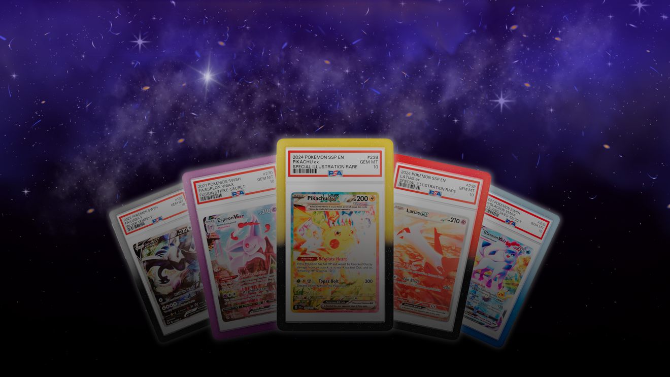 Five trading cards in protective sleeves against a starry space background