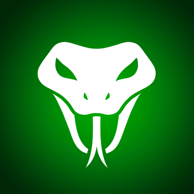 White snake head logo on a green background