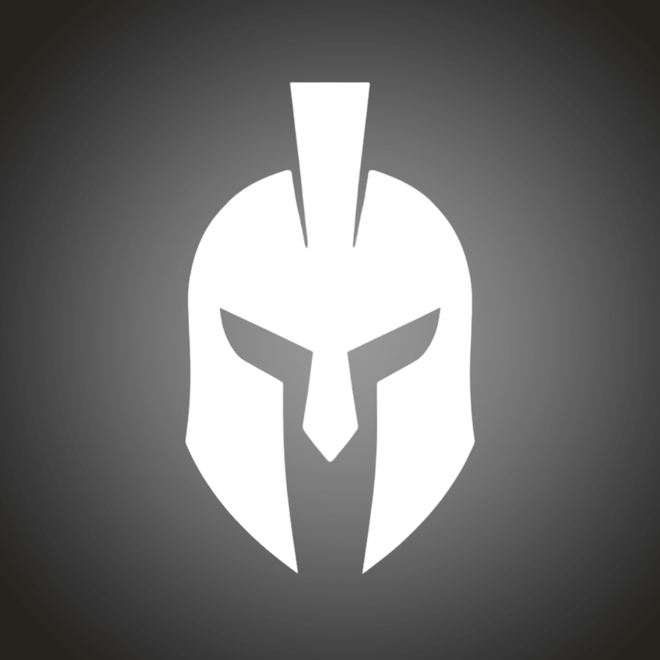 White Spartan helmet logo on a dark gray background