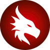 White dragon logo on a red circular background