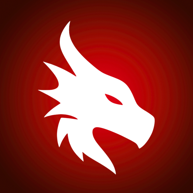 White dragon logo on a red background