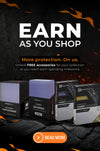Promotional graphic for card accessories, featuring four product boxes including colored top loaders, card savers, and card sleeves on a dark textured background.