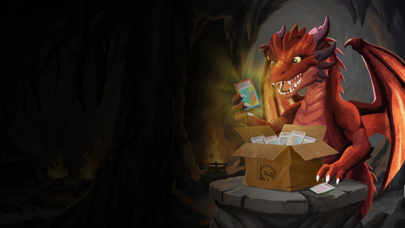 Dragon opening a box in a dark cave