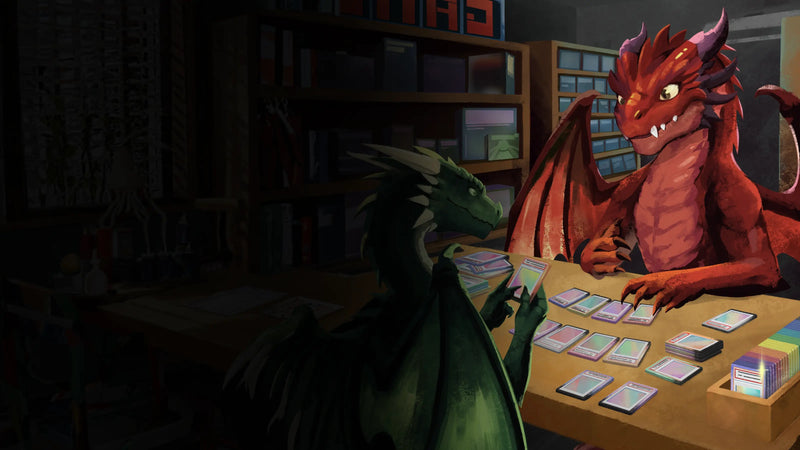 Two dragons playing card games at a table in a dimly lit room.