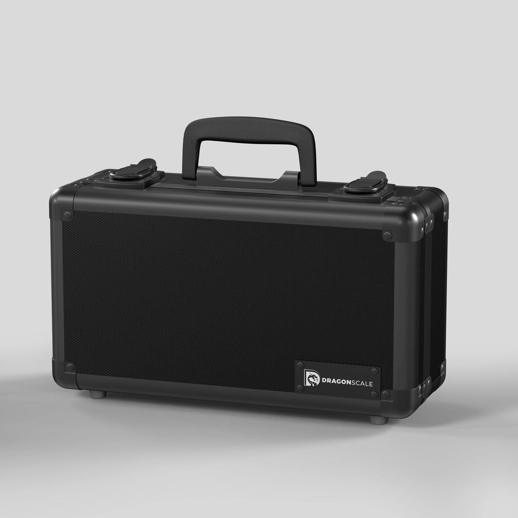 Front closed view of the Dragonscale Basilisk X-40 compact metal slab case in carbon black.