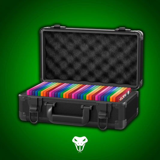 Open view of the Dragonscale Basilisk X-40 Compact metal slab case in carbon black holding 32 PSA slabs with Dragonscale guards.