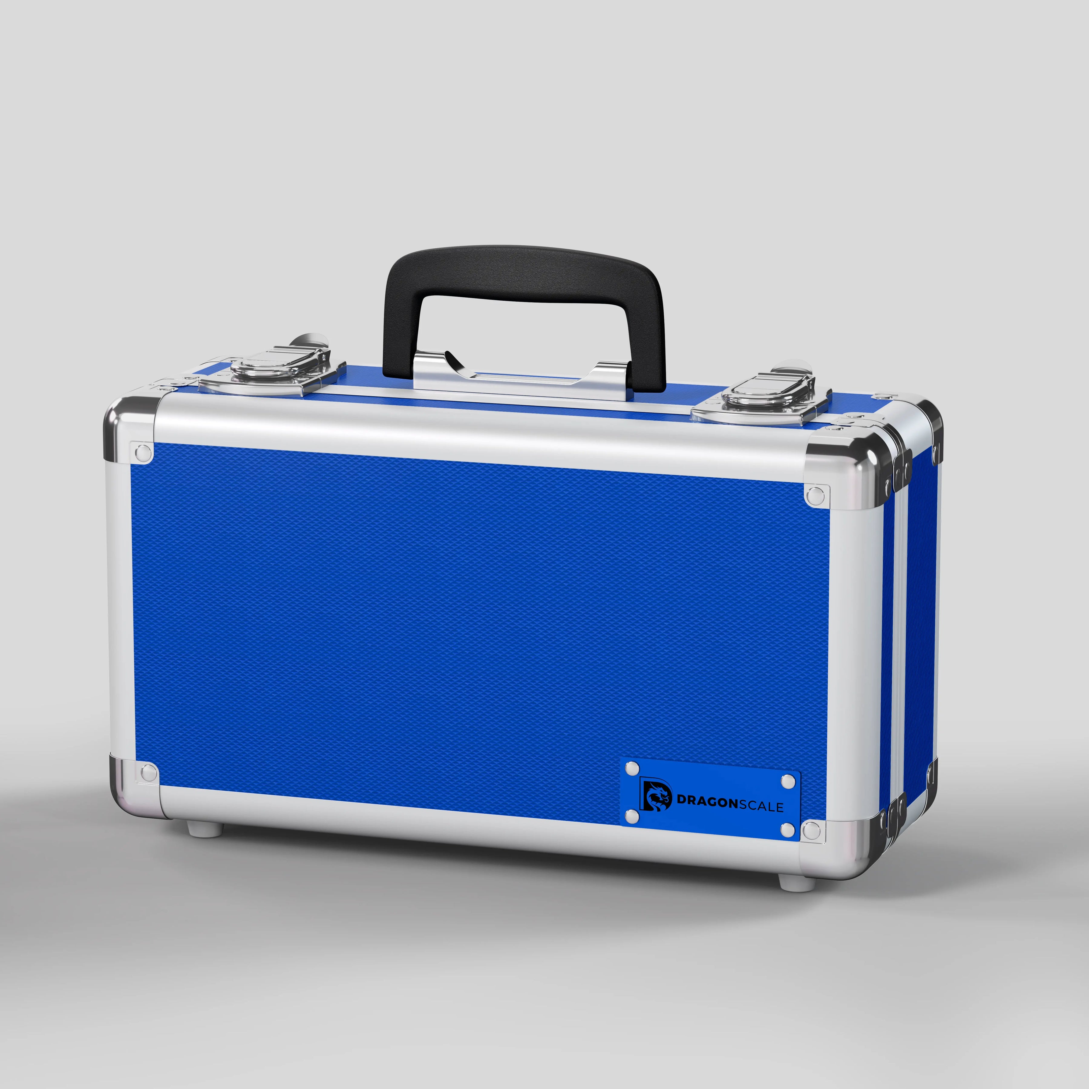 Front closed view of the Dragonscale Basilisk X-40 compact metal slab case in sapphire blue.