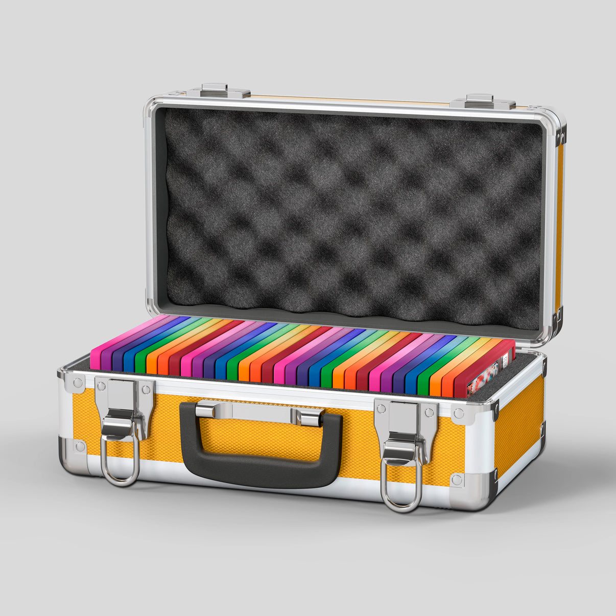 Open view of the Dragonscale Basilisk X-40 Compact metal slab case in gold holding 32 PSA slabs with Dragonscale guards.