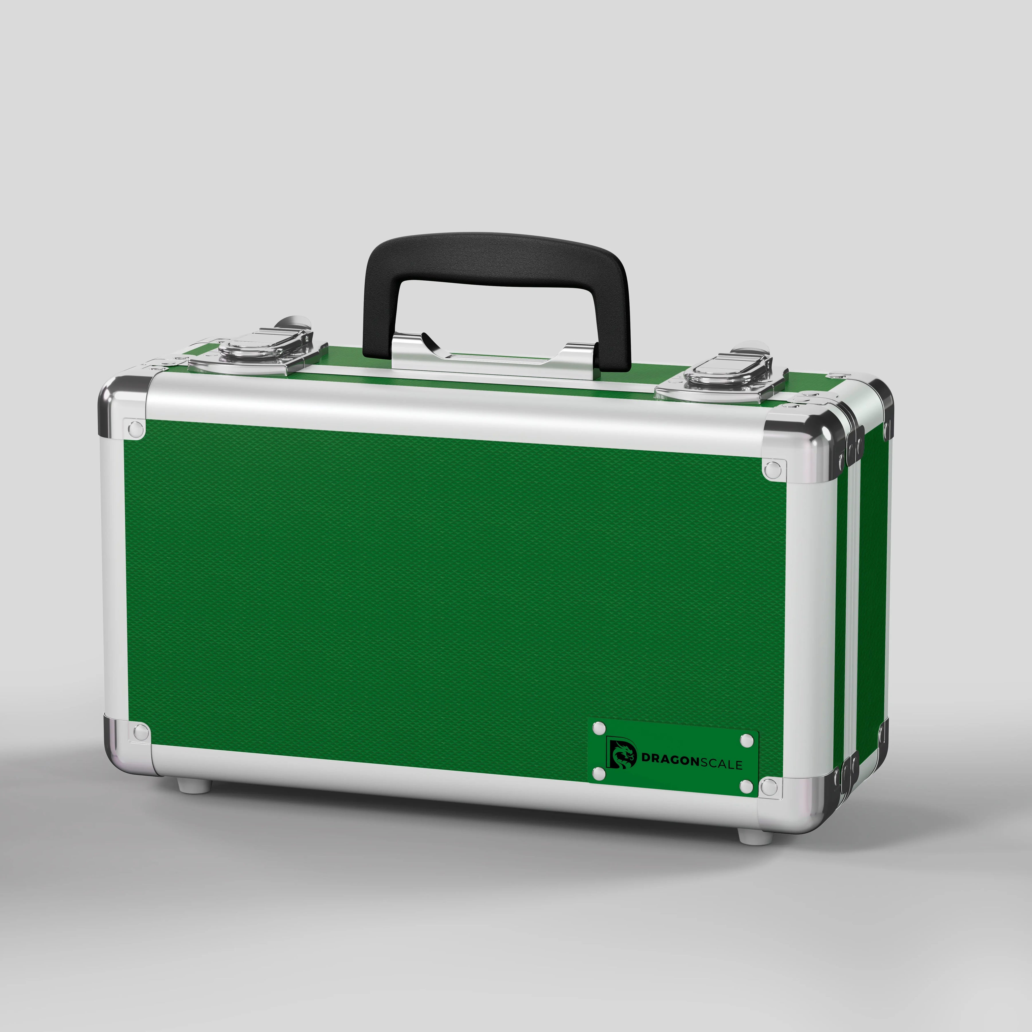 Front closed view of the Dragonscale Basilisk X-40 compact metal slab case in emerald green.