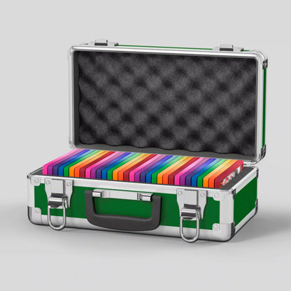 Open view of the Dragonscale Basilisk X-40 Compact metal slab case in emerald green holding 32 PSA slabs with Dragonscale guards.