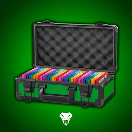 Open view of the Dragonscale Basilisk X-40 Compact metal slab case in emerald green holding 32 PSA slabs with Dragonscale guards.