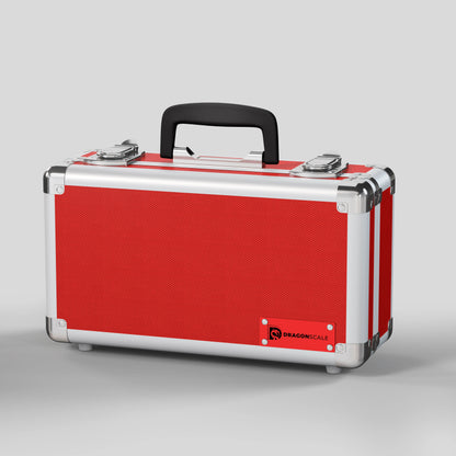Front closed view of the Dragonscale Basilisk X-40 compact metal slab case in ruby red.