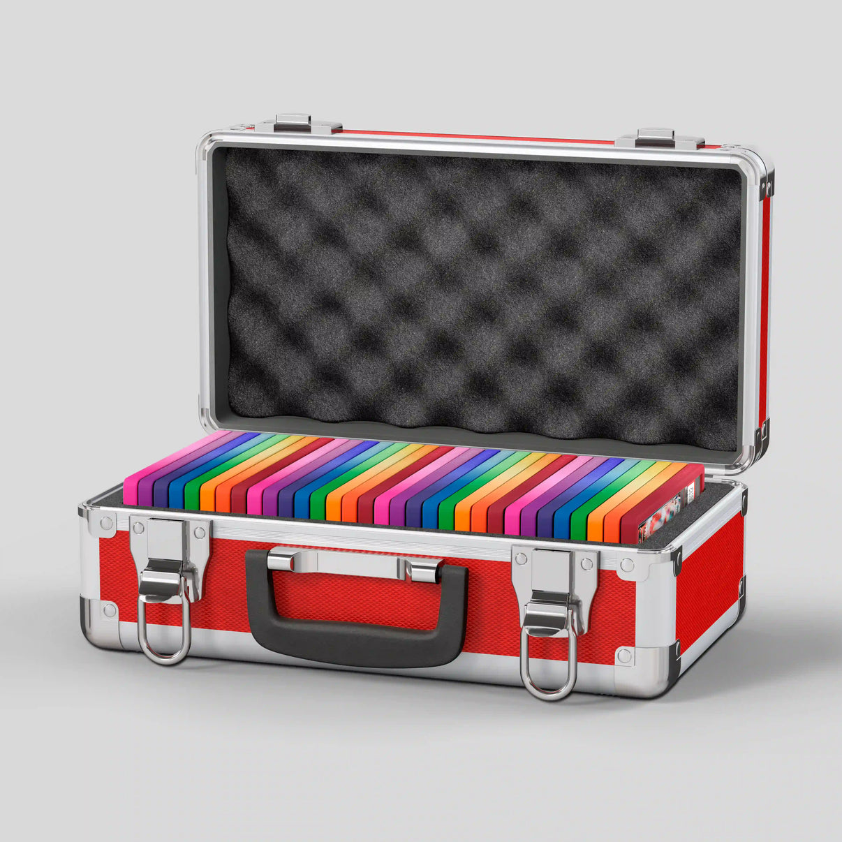 Open view of the Dragonscale Basilisk X-40 Compact metal slab case in ruby red holding 32 PSA slabs with Dragonscale guards.