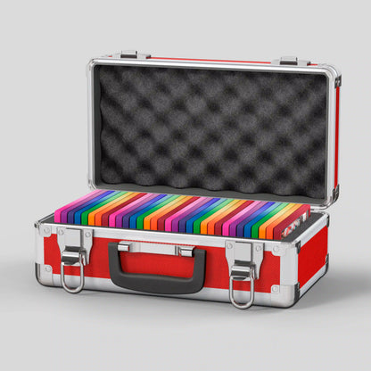 Open view of the Dragonscale Basilisk X-40 Compact metal slab case in ruby red holding 32 PSA slabs with Dragonscale guards.