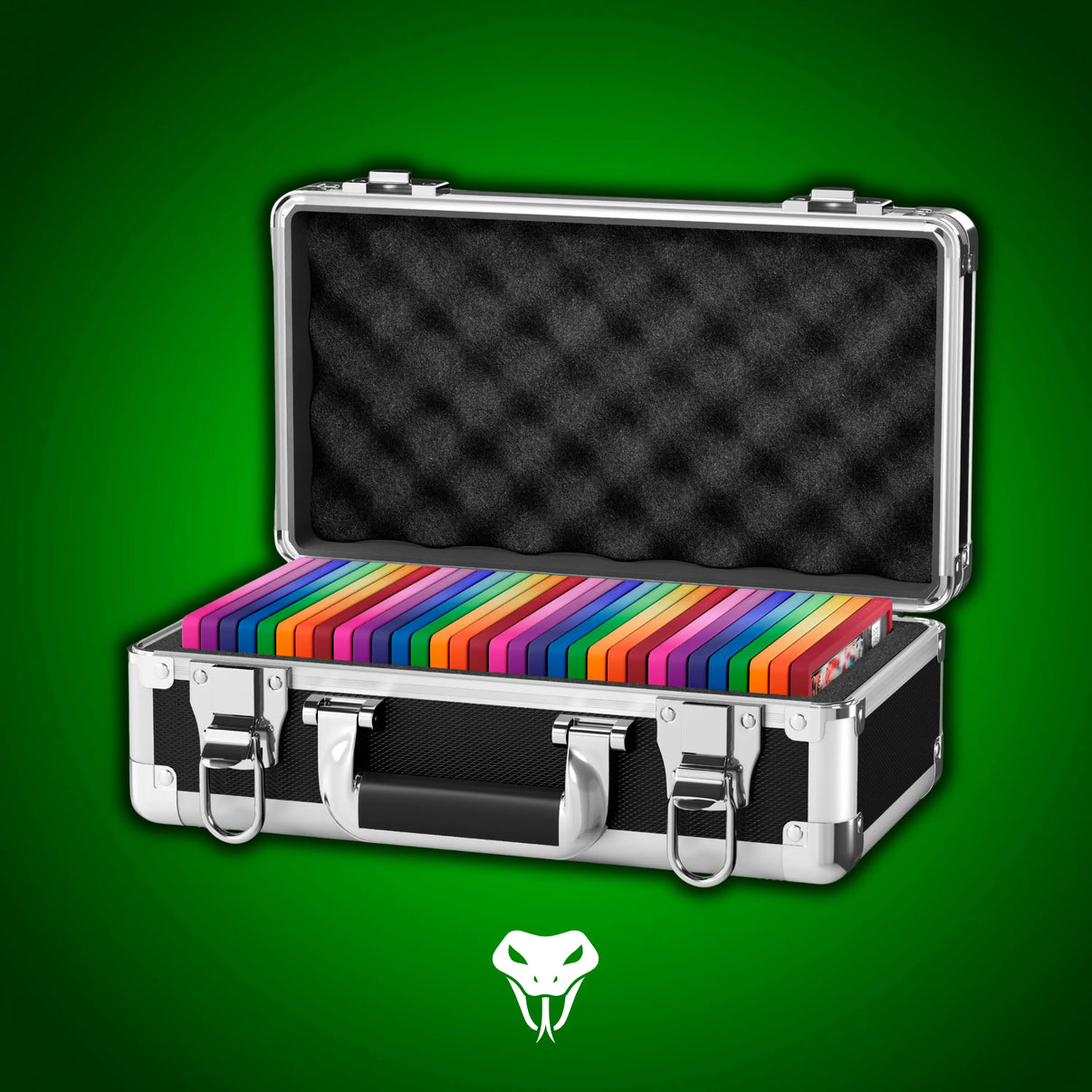 Open view of the Dragonscale Basilisk X-40 Compact metal slab case in carbon steel holding 32 PSA slabs with Dragonscale guards.