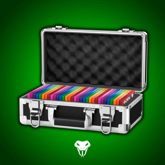 Open view of the Dragonscale Basilisk X-40 Compact metal slab case in carbon steel holding 32 PSA slabs with Dragonscale guards.