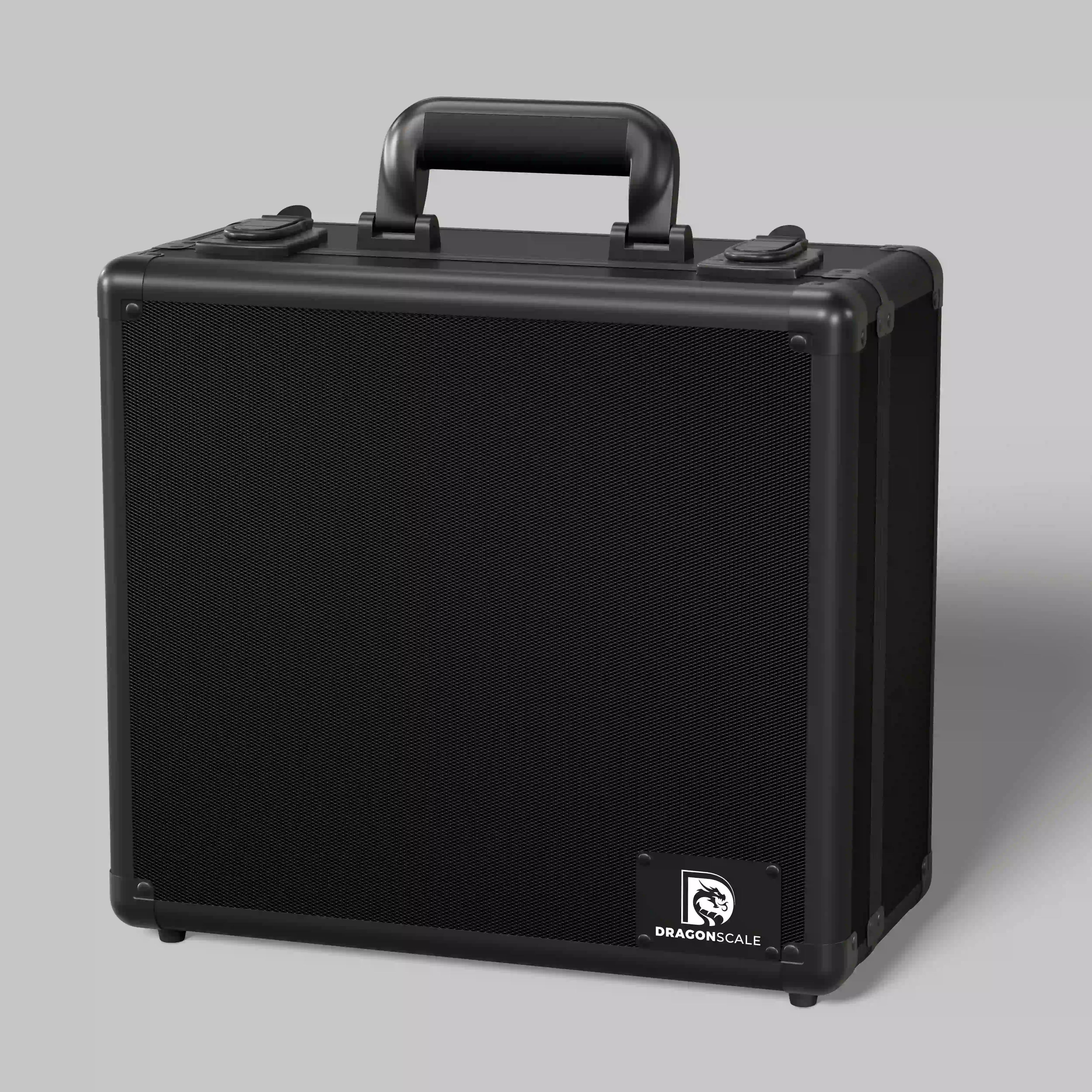 Front closed view of the Dragonscale Behemoth XL-45 metal slab case in carbon black.