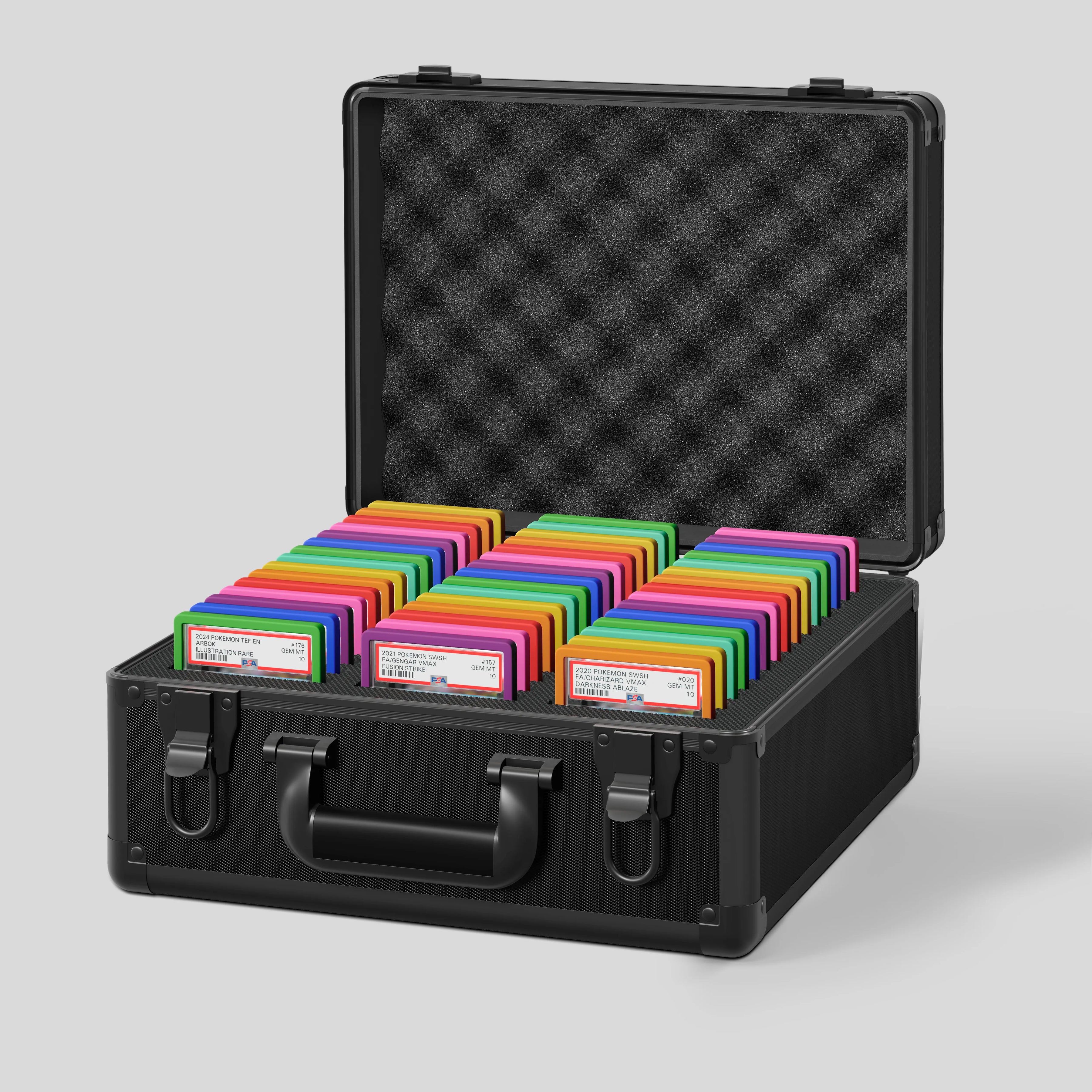 Open view of the Dragonscale Behemoth XL-45 metal slab case in carbon black holding 45 Slabs  with Dragonscale guards.