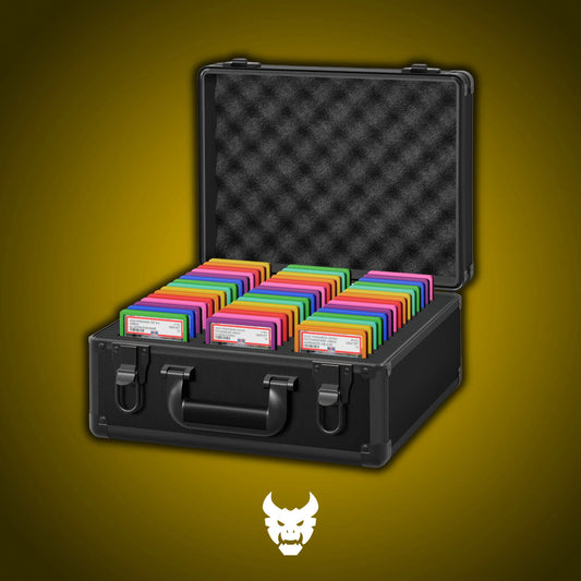 Open view of the Dragonscale Behemoth XL-45 metal slab case in carbon black holding 45 Slabs  with Dragonscale guards.