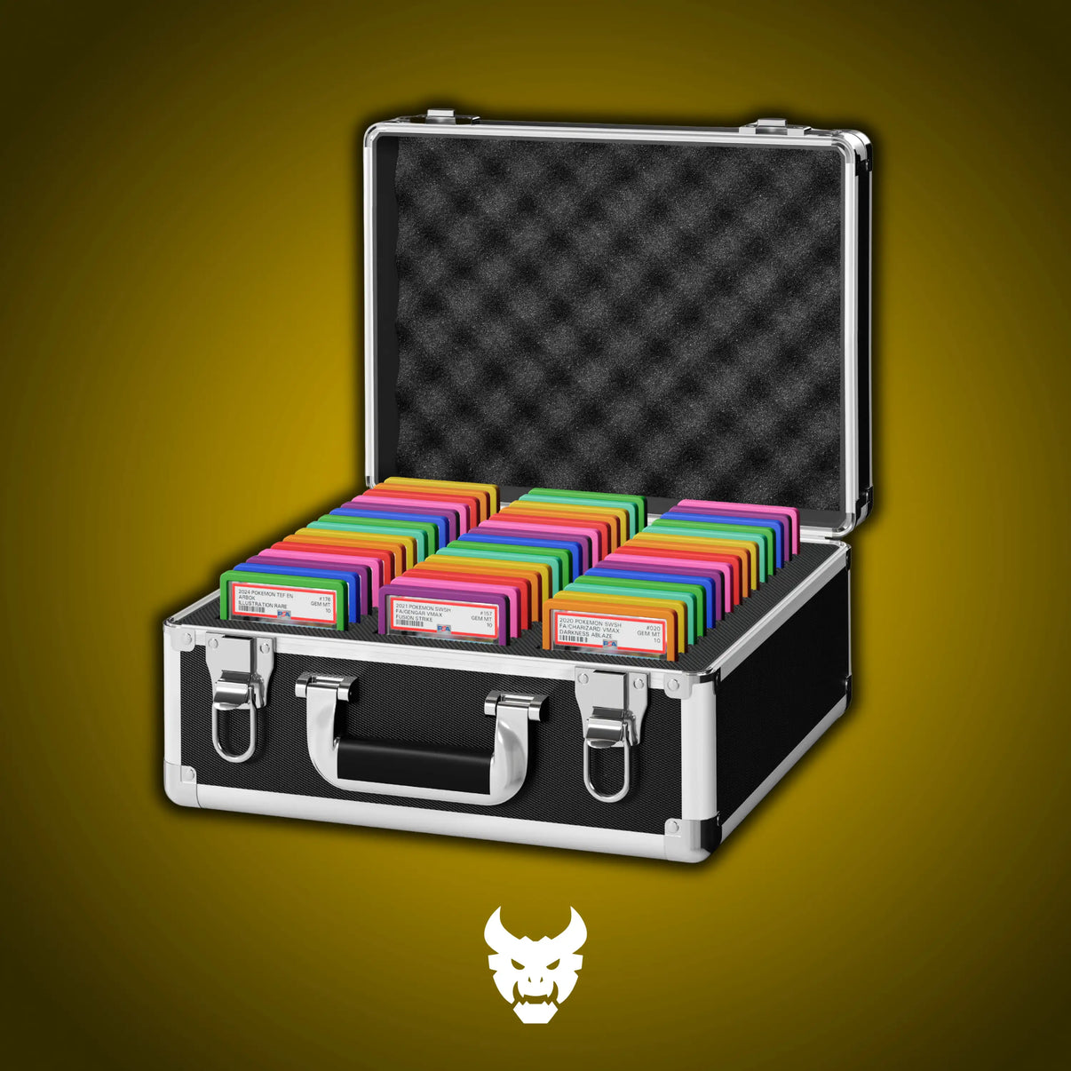 Open view of the Dragonscale Behemoth XL-45 metal slab case in carbon steel holding 45 Slabs with Dragonscale guards.