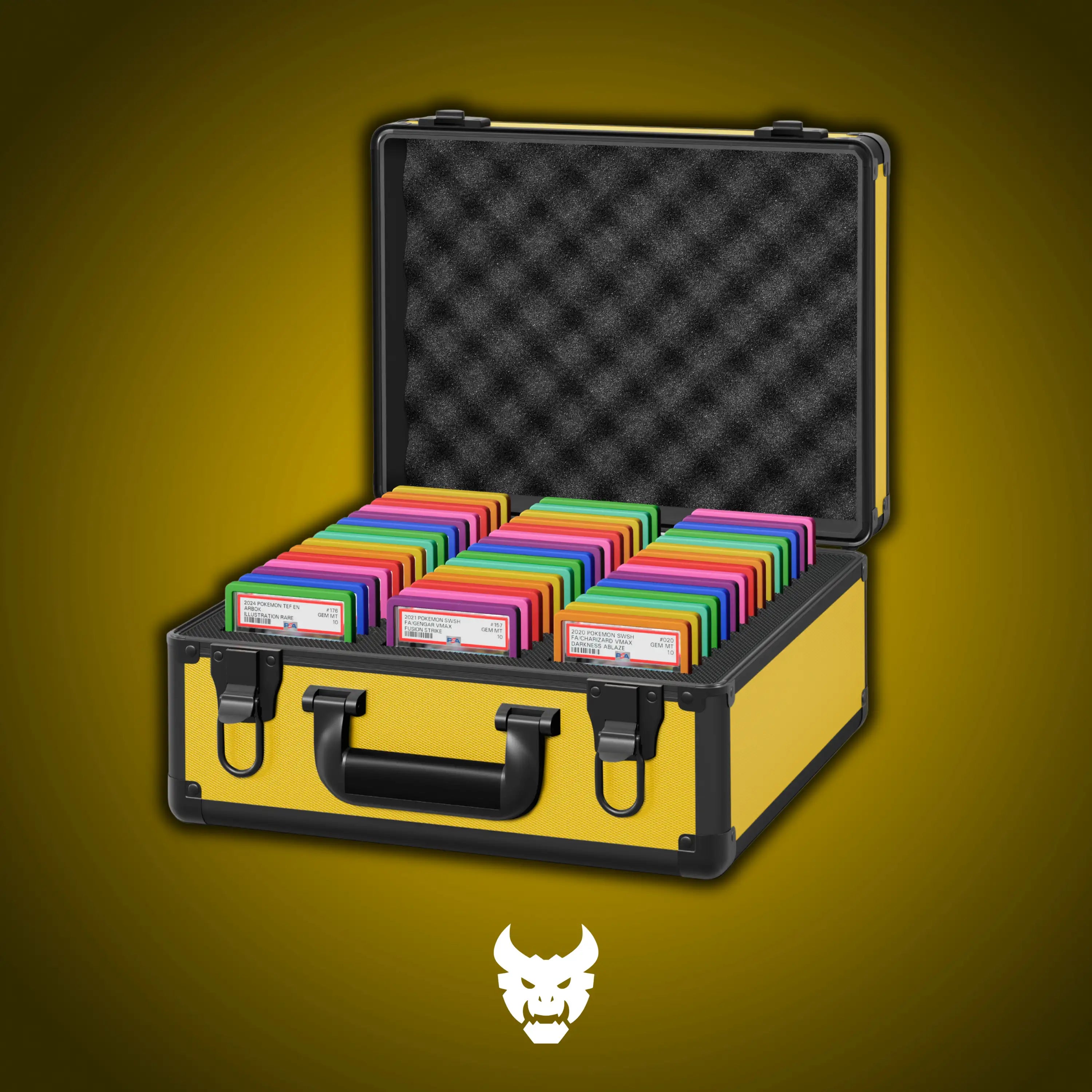 Open view of the Dragonscale Behemoth XL-45 metal slab case in yellow holding 45 Slabs with Dragonscale guards.