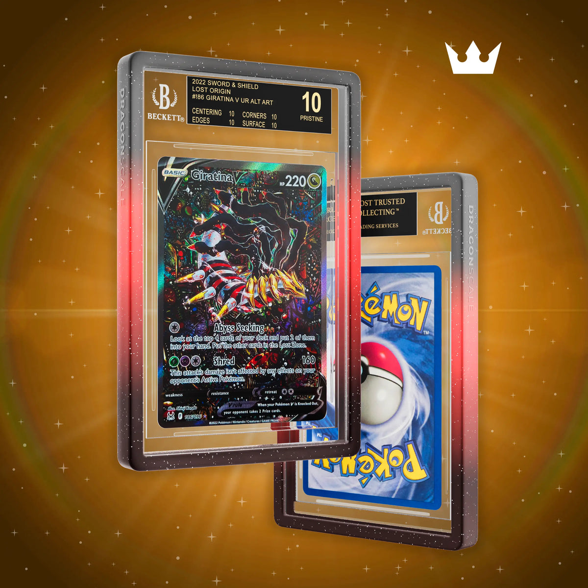 Front and back view of a BGS slab in Mythic Corruption Dragonscale bumper guard, featuring a Giratina V Lost Origin BGS 10 Pokemon card.
