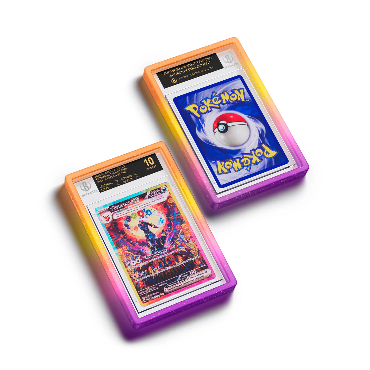 Top-down flat view of a BGS slab in Mythic Supernova Dragonscale bumper guard, featuring a Umbreon Ex Prismatic Evolution BGS 10 Pokemon card.