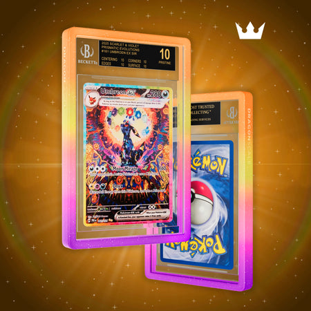 Front and back view of a BGS slab in Mythic Supernova Dragonscale bumper guard, featuring a Umbreon Ex Prismatic Evolution BGS 10 Pokemon card.